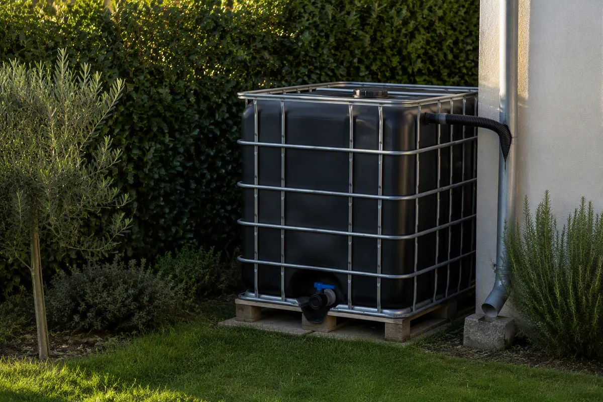 Cuve IBC de 1000 litres à paroi noire dans sa cage acier, posée sur une palette au fond d'un jardin le long d'une haie et raccordée à la descente de gouttière