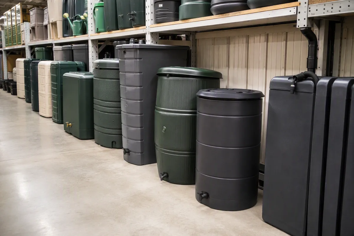 Rangée de récupérateurs d'eau de pluie en magasin de bricolage : cuves cylindriques vertes, colonnes anthracite et modèles muraux plats alignés au sol