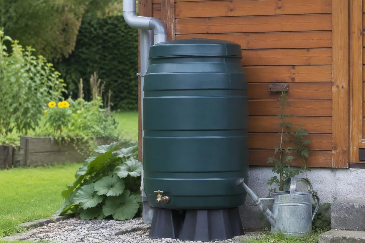 Récupérateur d'eau de pluie vert posé sur son socle contre un abri de jardin, raccordé à la descente de gouttière, arrosoir à côté