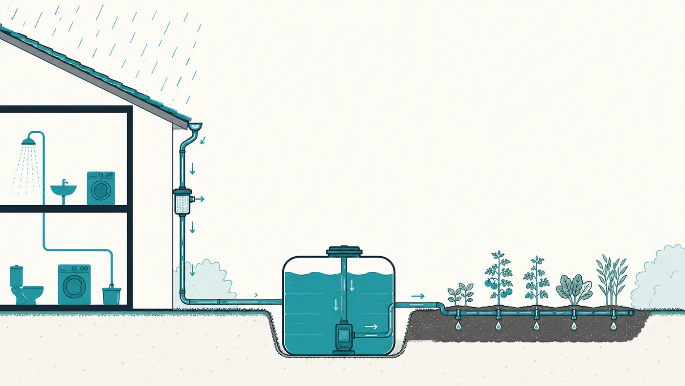 Schéma du circuit de récupération d'eau de pluie : toit, gouttière, collecteur filtrant, cuve, pompe, arrosage goutte-à-goutte et usages maison
