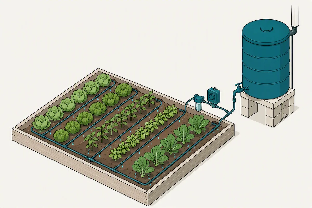 Schéma isométrique d'un potager en planches irrigué au goutte-à-goutte depuis un récupérateur d'eau de pluie surélevé, avec filtre en ligne, programmateur, tuyau principal et lignes de goutteurs au pied des rangs