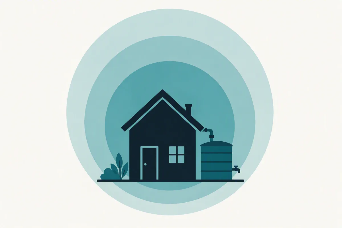 Illustration abstraite : maison individuelle avec sa cuve de récupération d'eau, entourée de trois cercles concentriques figurant les niveaux d'aide qui peuvent se superposer