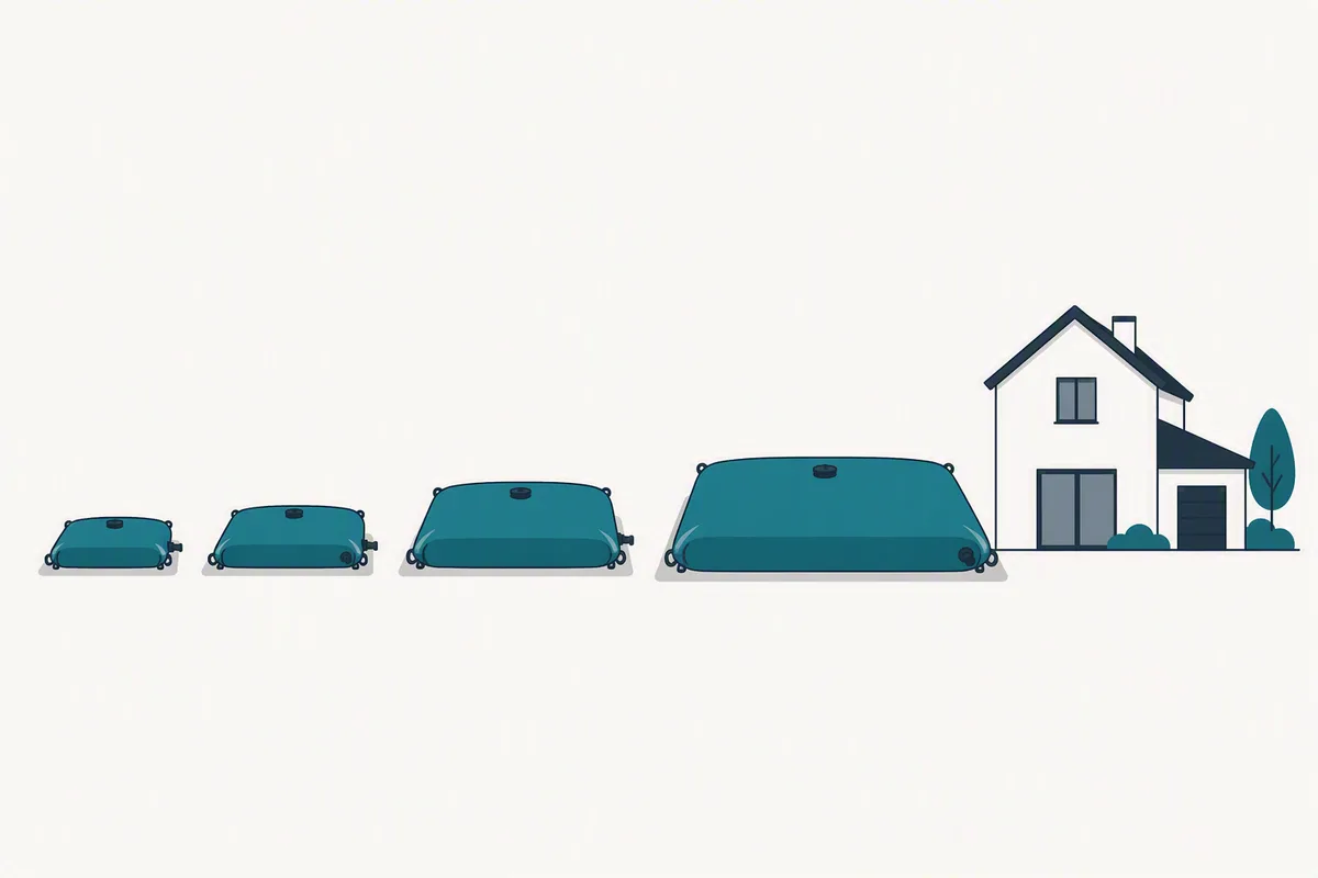 Comparaison à l'échelle des quatre volumes de citernes souples DECI — 30, 60, 120 et 240 mètres cubes — face à une maison individuelle
